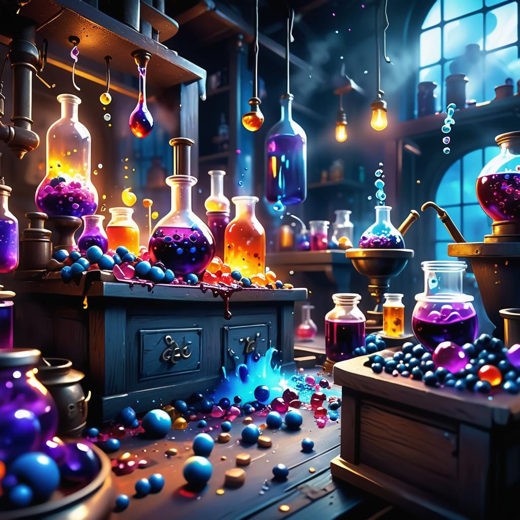 Blueberry Candy Explosion in a Magical Alchemy Lab