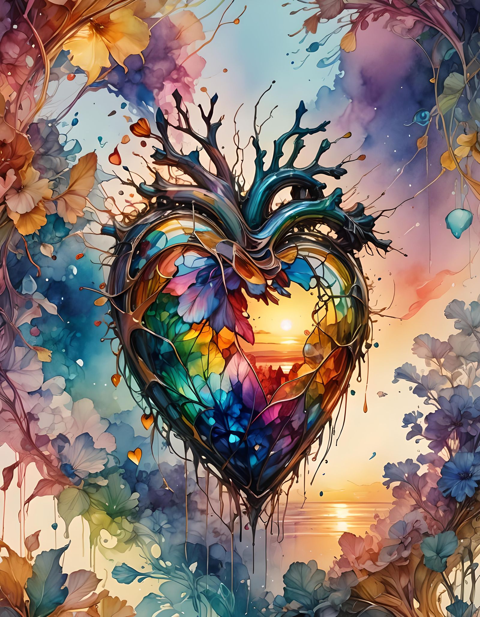 Rainbow Glass Heart in Digital Watercolor Illustration