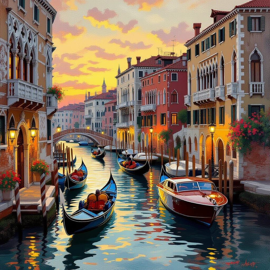 Venetian Twilight Canal Scene in Art Deco Style