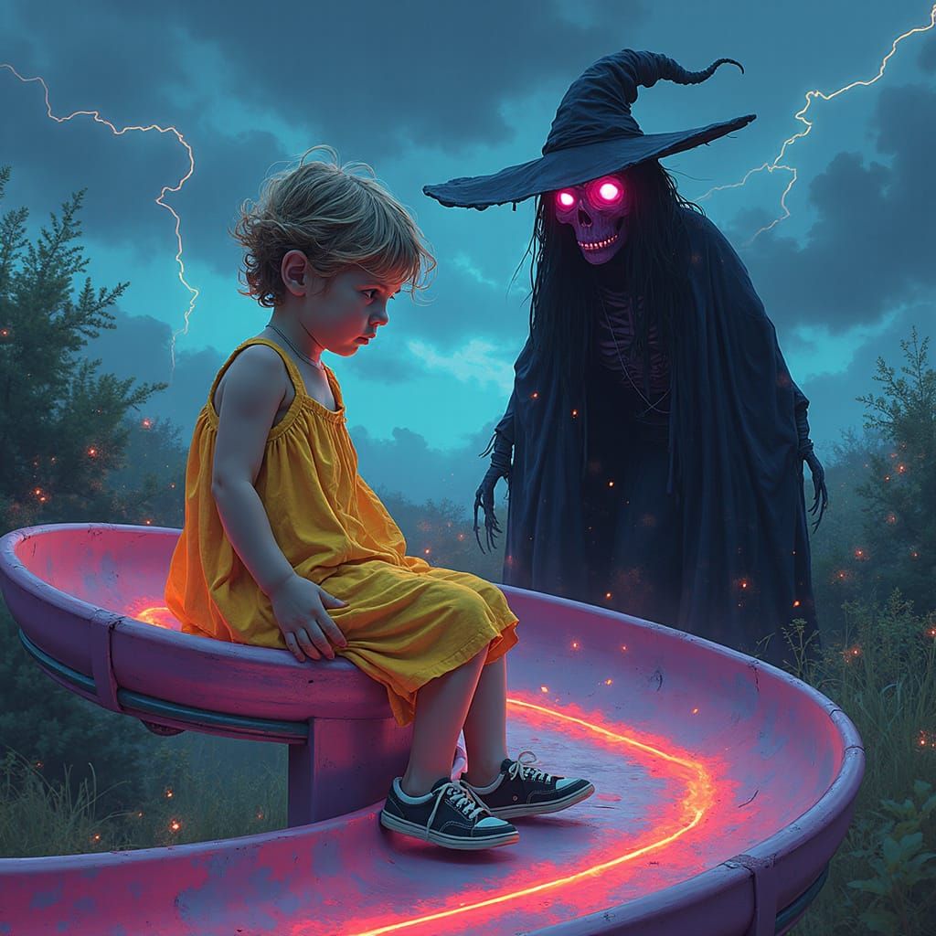 Children's Slide and Lurking Witch in Neon Colors