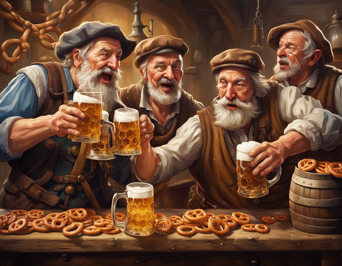 Old German Villagers Enjoying Beer and Pretzels