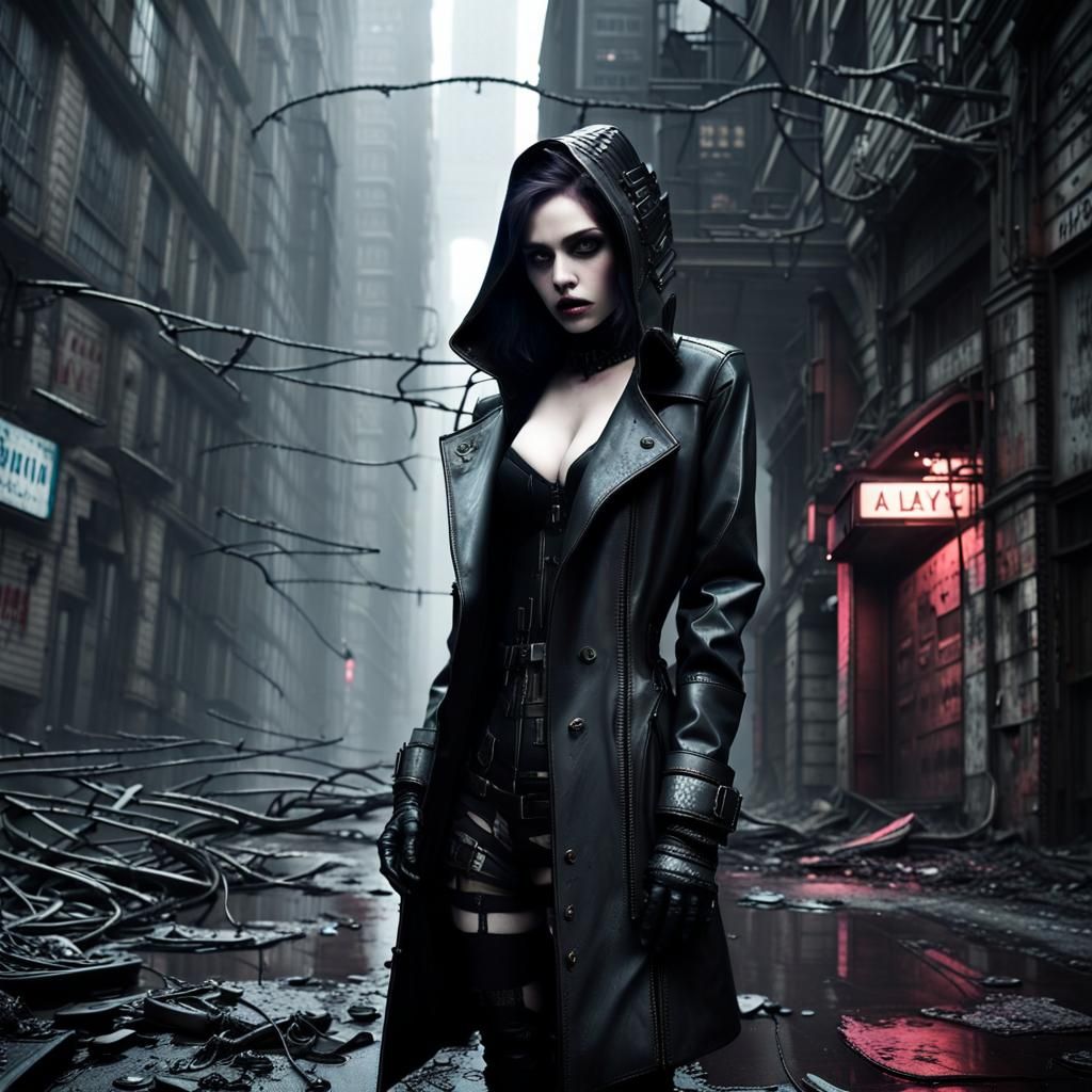 Gothic Cyberpunk Cityscape with Neon Lights