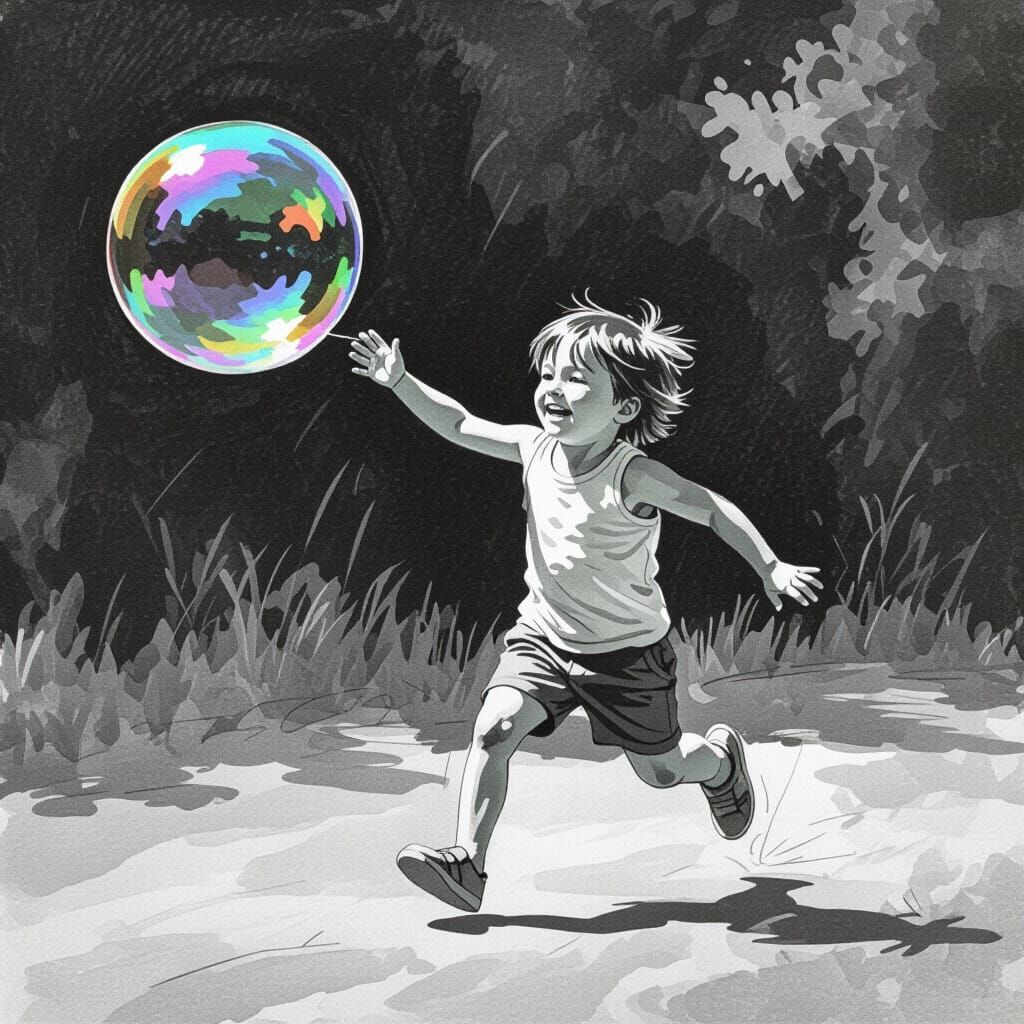 A dynamic, expressive depiction of a child running and jumpi...