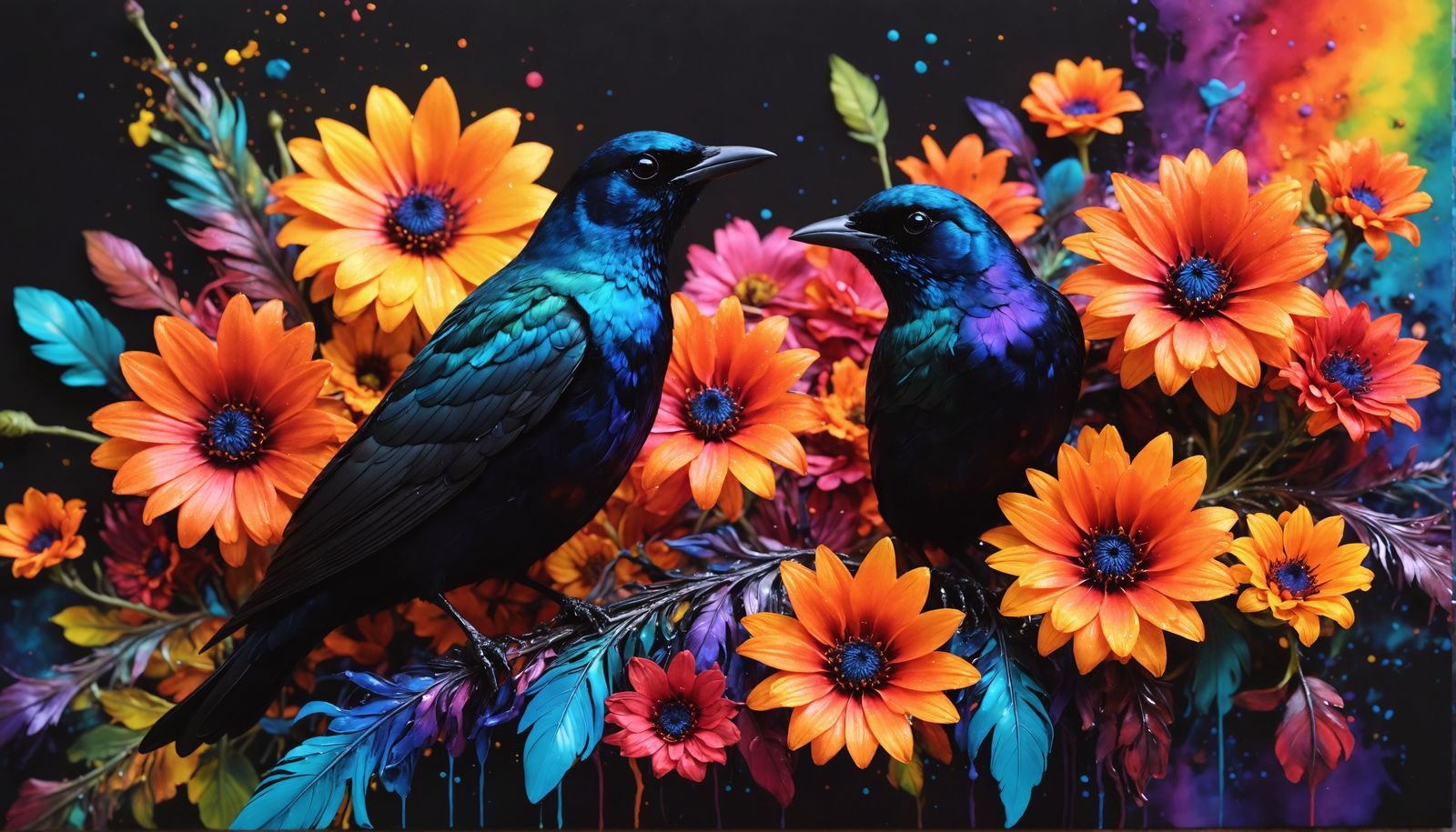 Rainbow Flowers and Starling in Impasto Style