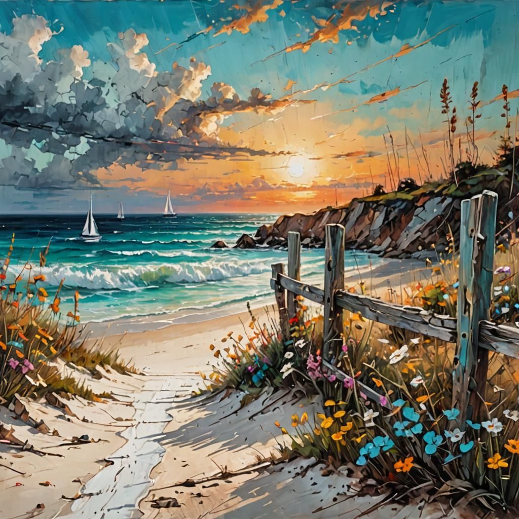 Sunset Beach Oil Painting in Impasto Style