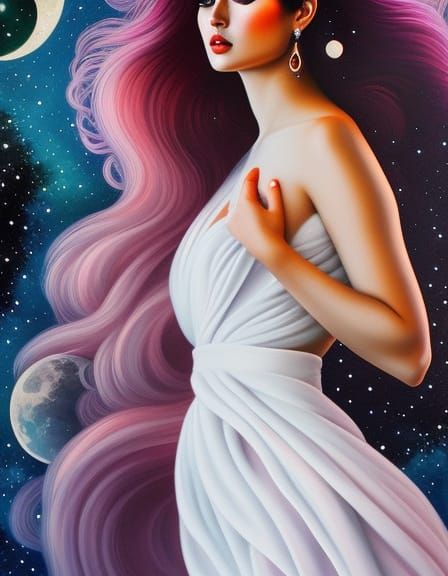 Ethereal Moon Goddess Portrait in Monochromatic Gouache
