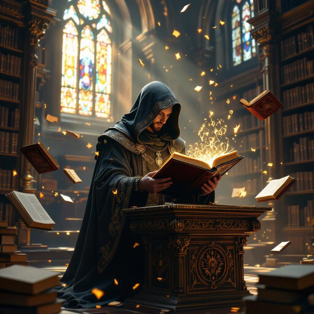 Mystical Library with Figure Reading Ancient Book