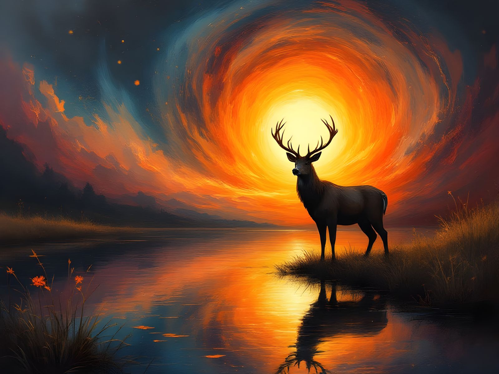 Twilight's Golden Vortex: Majestic Deer in Amber Hues