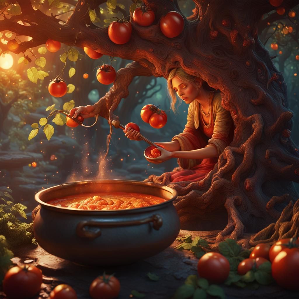 Tomato Dryad Cooking Soup in Forest Kitchen