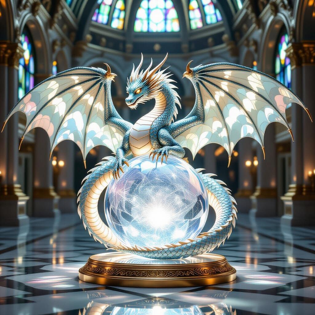 Celestial Dragon Coiled Around Crystal Orb