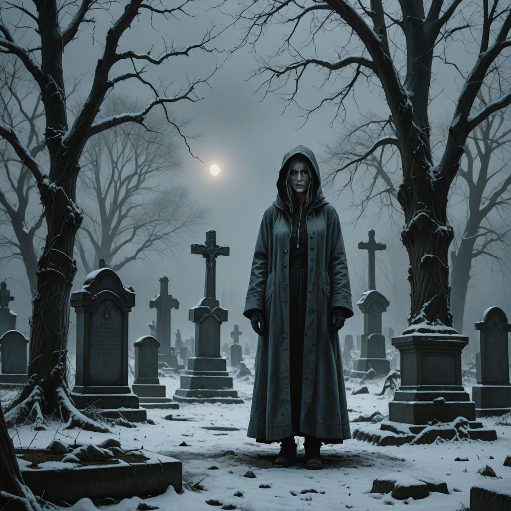 Ethereal Specter in Haunted Winter Cemetery