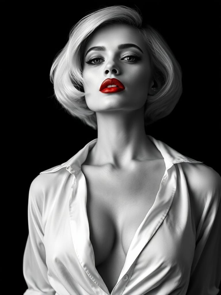 Glamorous Woman in Sheer Shirt, Helmut Newton Style