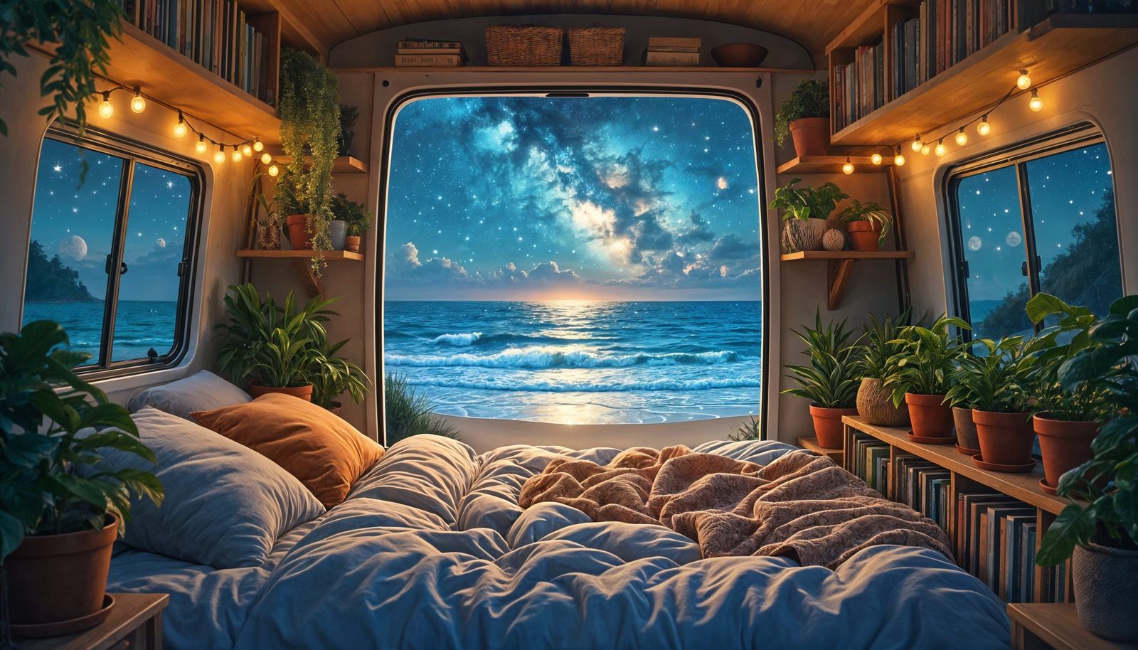 Boho Camper Van View of Bioluminescent Galaxy Beach