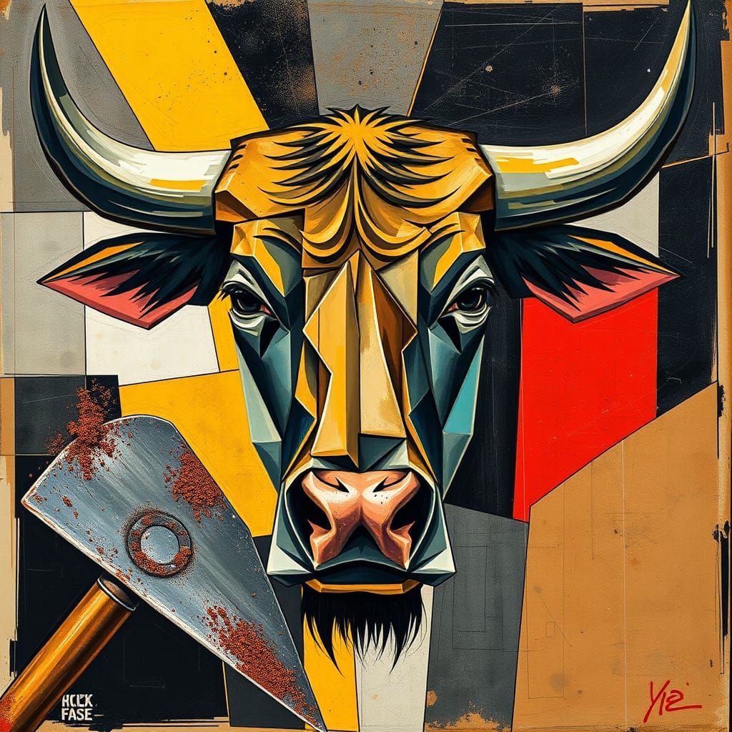 Fragmented Bull Face Merged with Rusty Rake