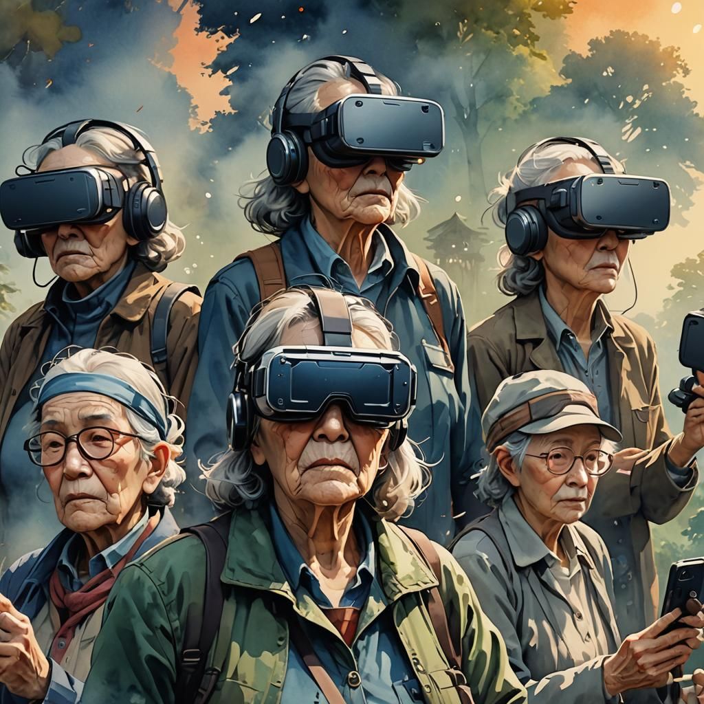 Elderly People Immersed in VR: Watercolor Concept Art