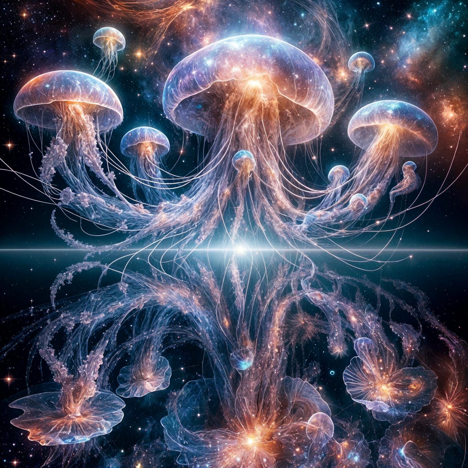 Cosmic Jellyfish Bloom in Mirrored Star Fields