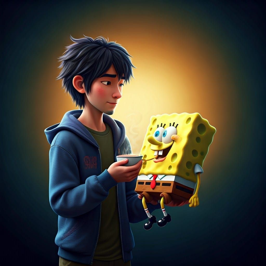 Hiro Hamada Feeds SpongeBob SquarePants in Vibrant Digital A...