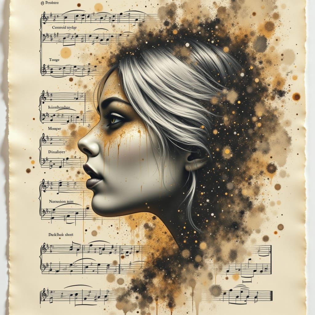 Water-Stained Sheet Music Portrait with Ink Bleed