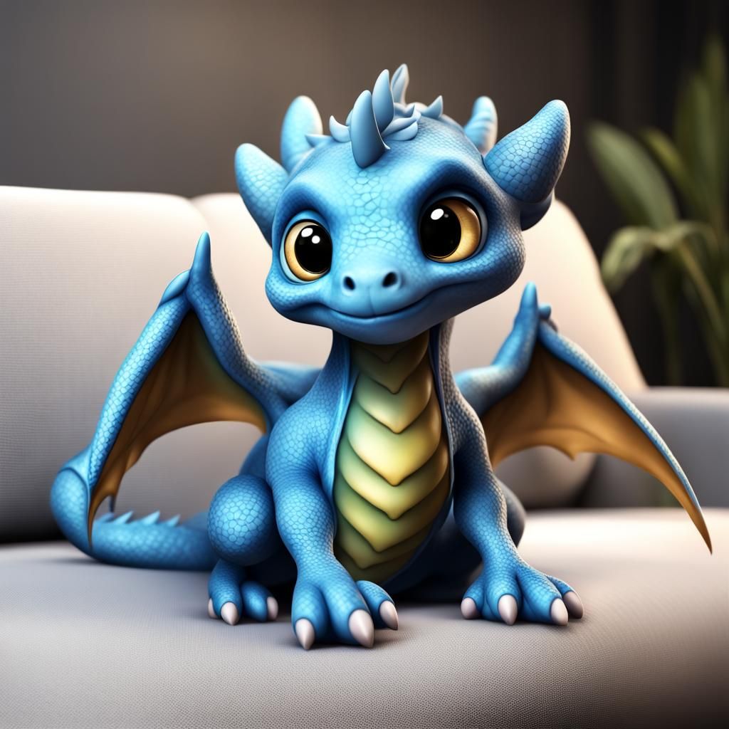 Cute Blue Baby Dragon Pet on Couch