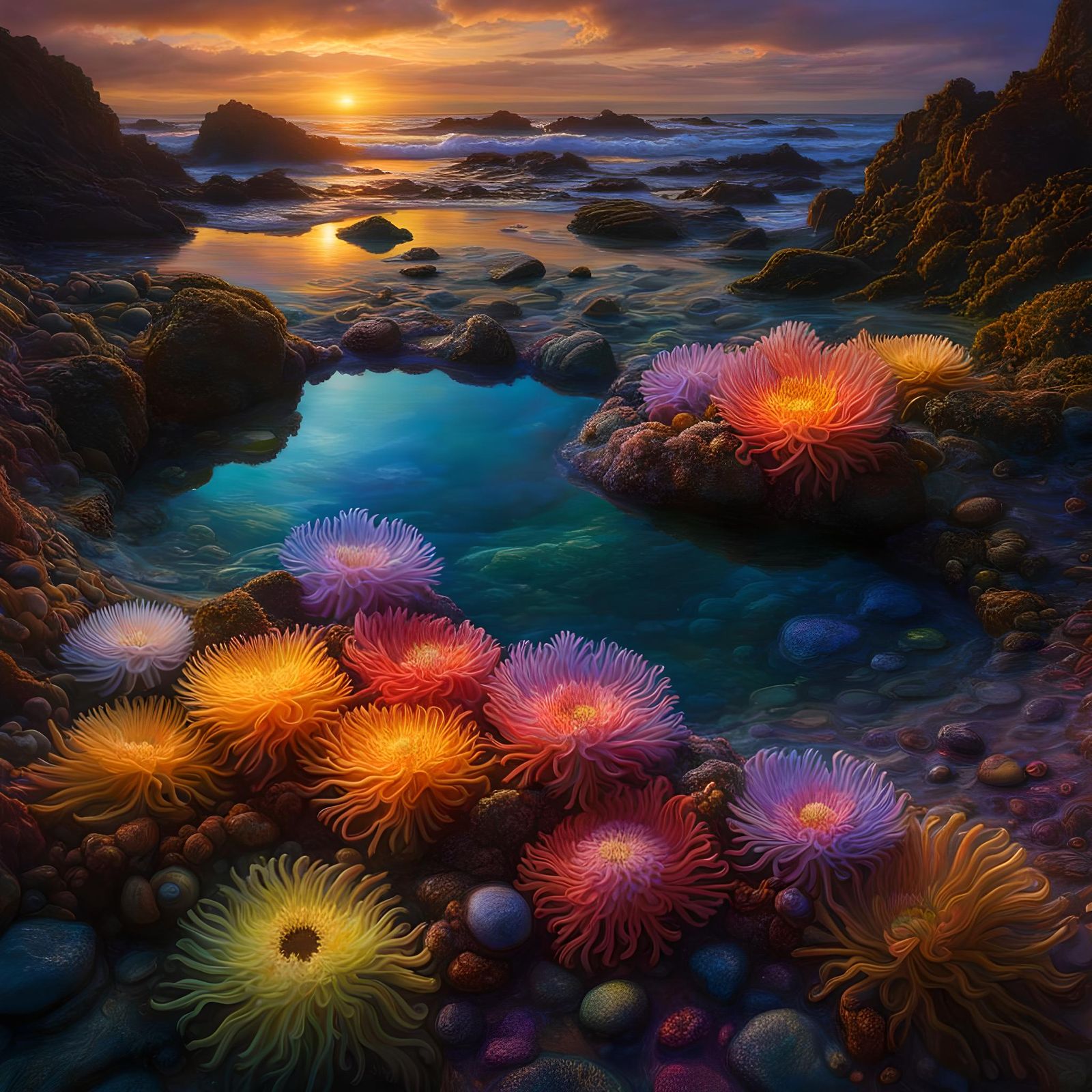 Iridescent Sea Anemones in a Polychromatic Tide Pool
