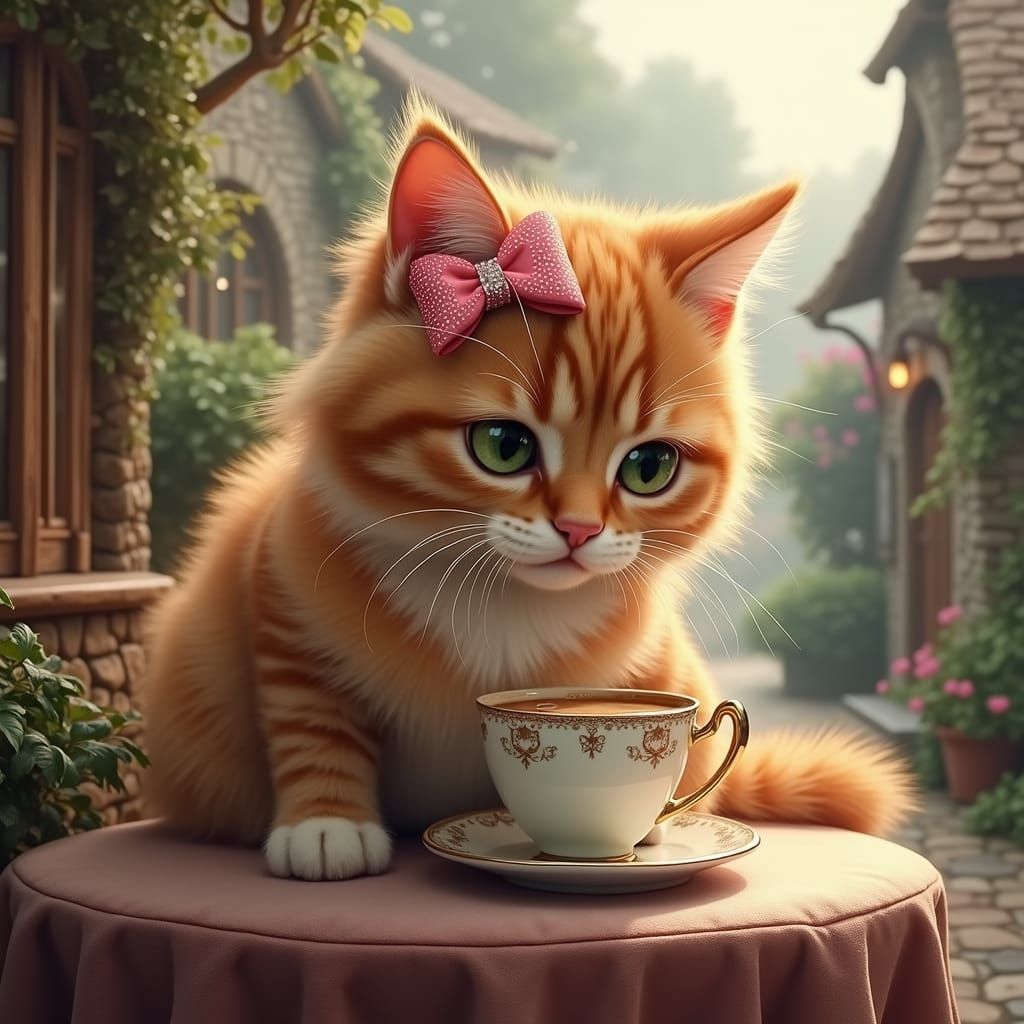 Orange Tabby Cat Sipping Coffee in Dreamy Cafe