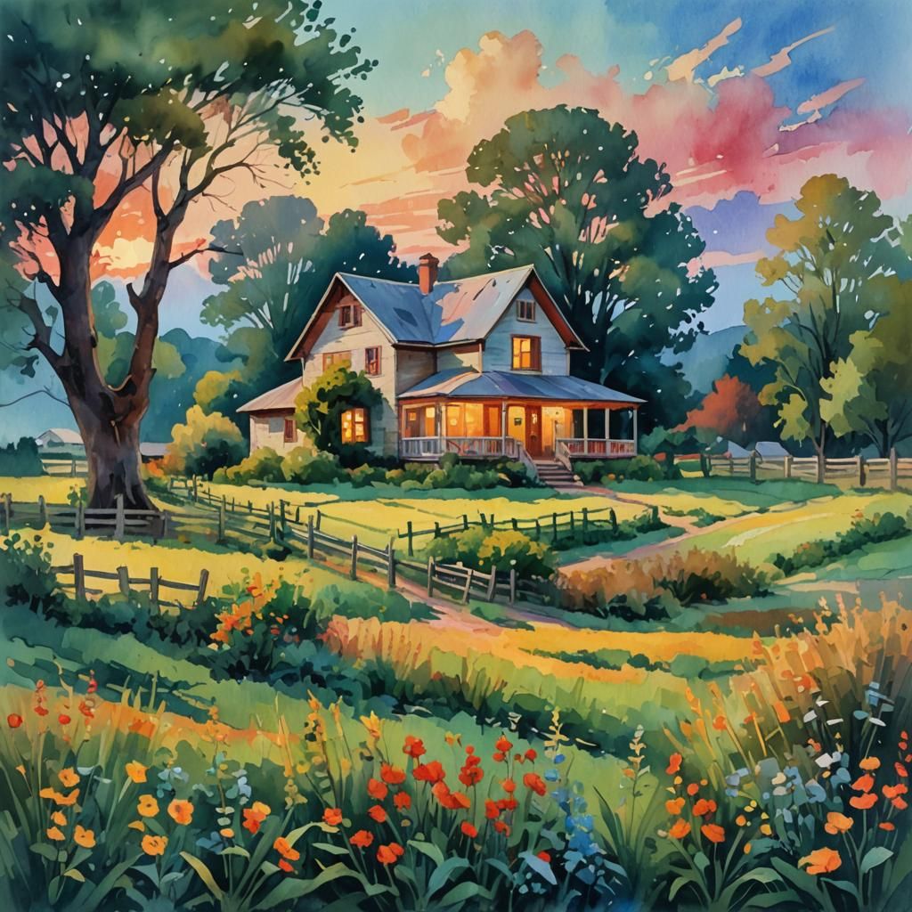 Farmhouse at Dusk: Gouache Impressionist Painting