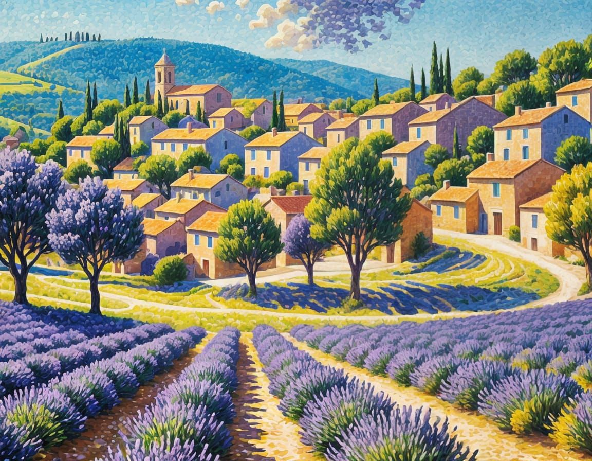 Provence Lavender Fields: Pointillist Village Scene