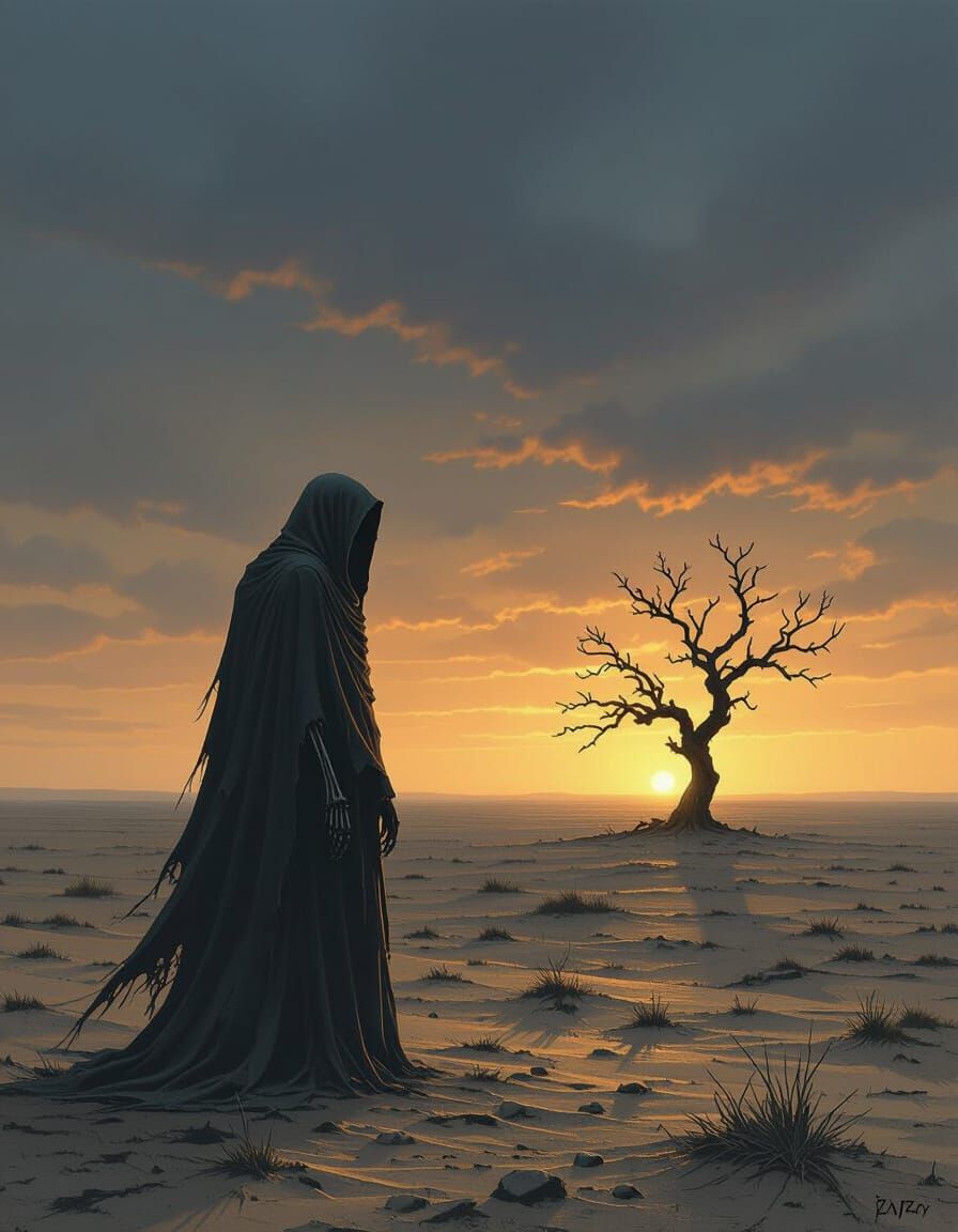 Skeletal Figure on Windswept Plain Under Twilight Sky