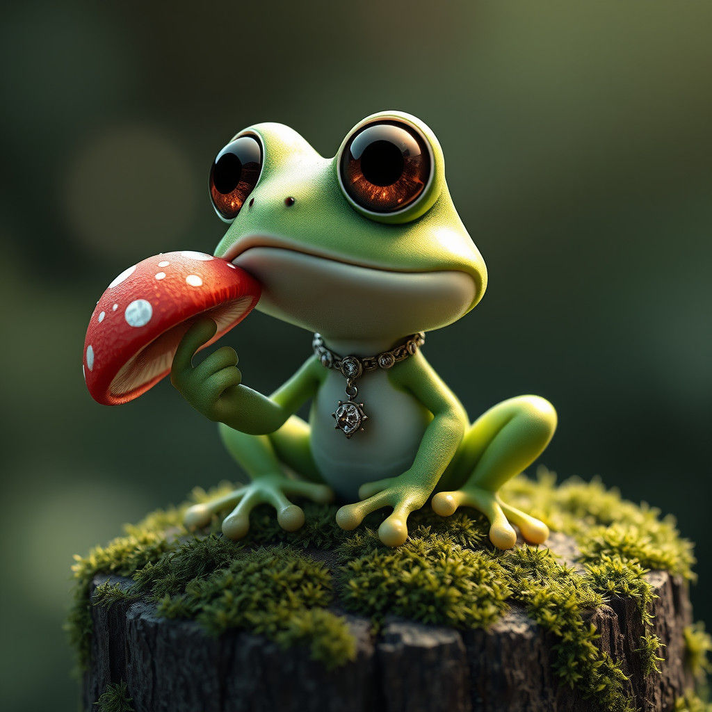 Whimsical Frog Enjoys a Mushroom in 3D Anime Style