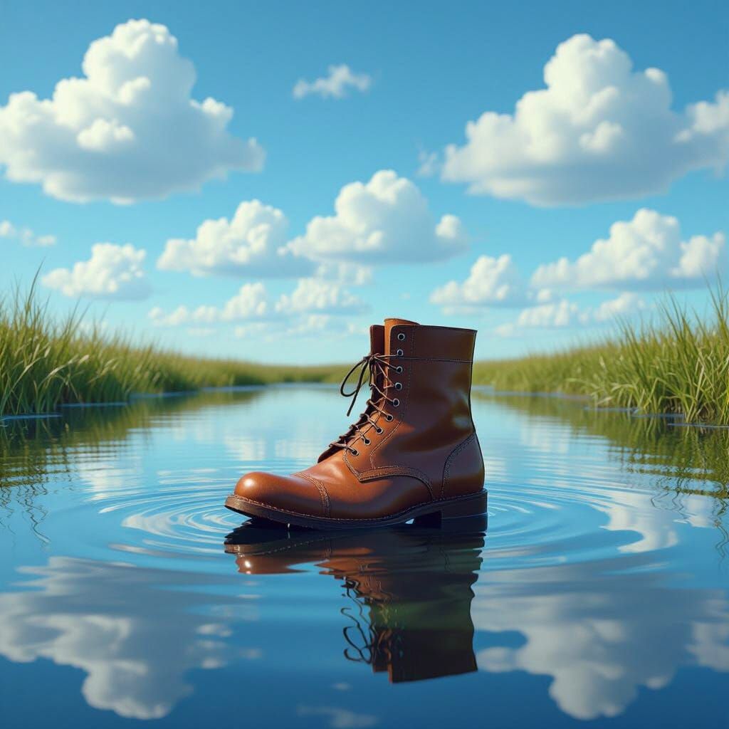 Surreal Boot Floating in Pond, Detailed Matte Painting