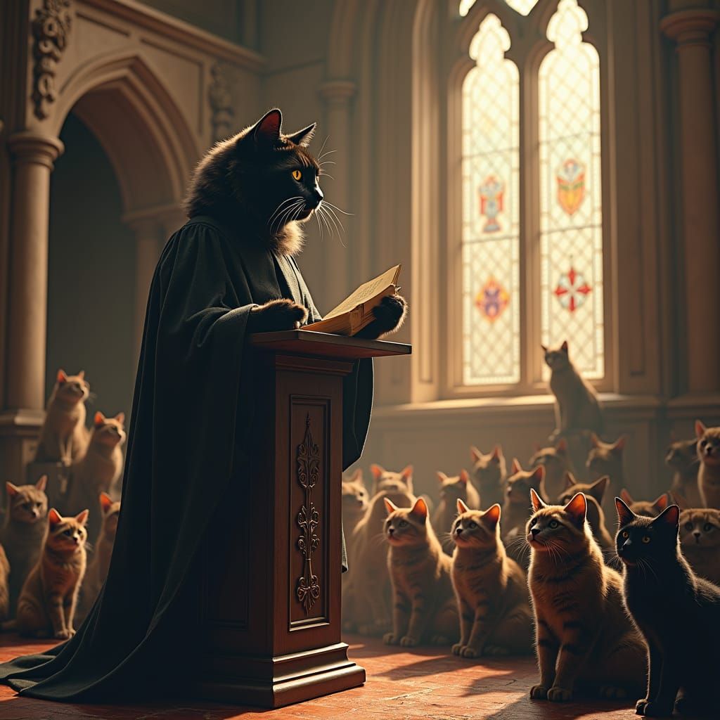 Black Cat Preaching to Cats in Gothic Setting