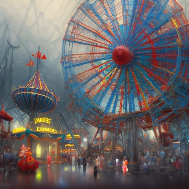 Eerie Carnival Rides in Detailed Oil Painting