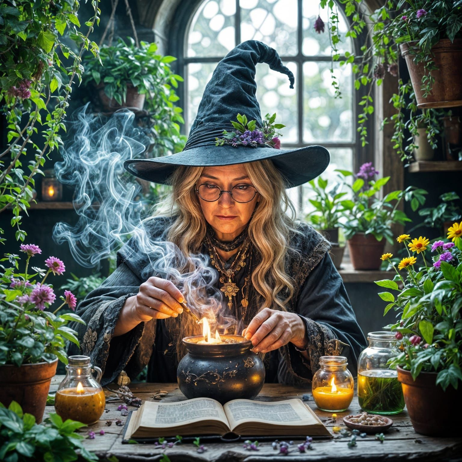 Elderly Witch Mixes Magical Potion with Colorful Ingredients