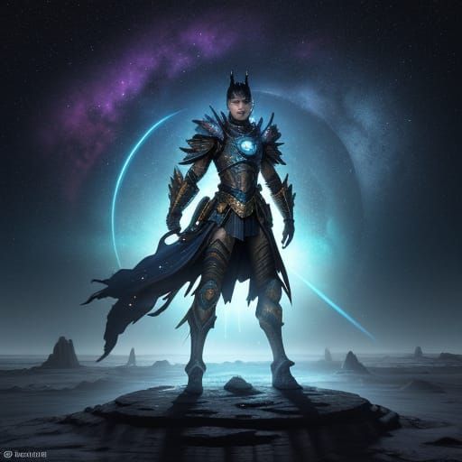 Lone Warrior on Alien Planet Under Nebula Sky