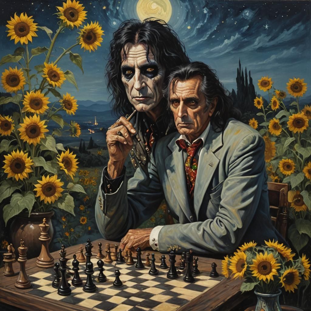 Alice Cooper and Chess Game in Starry Night Style