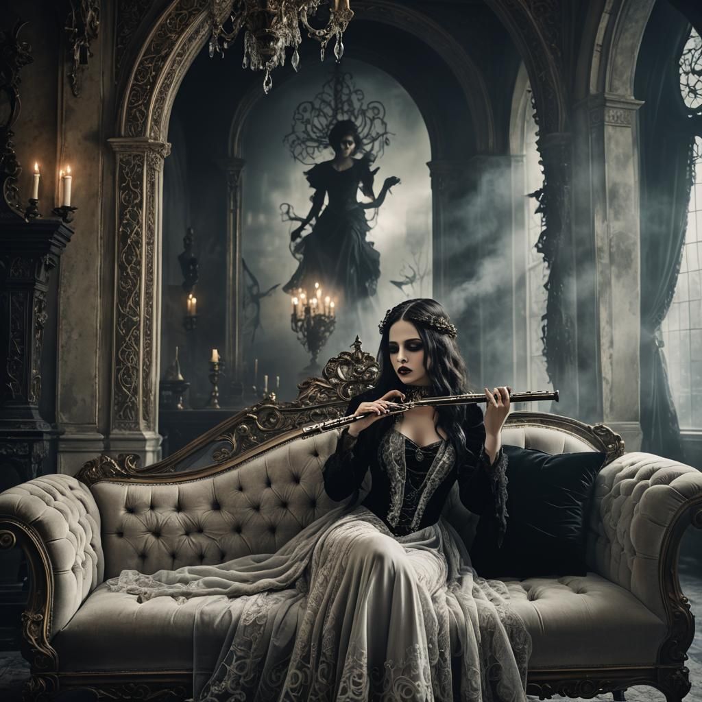 Gothic Girl Playing Flute in Dark Romanticism Style
