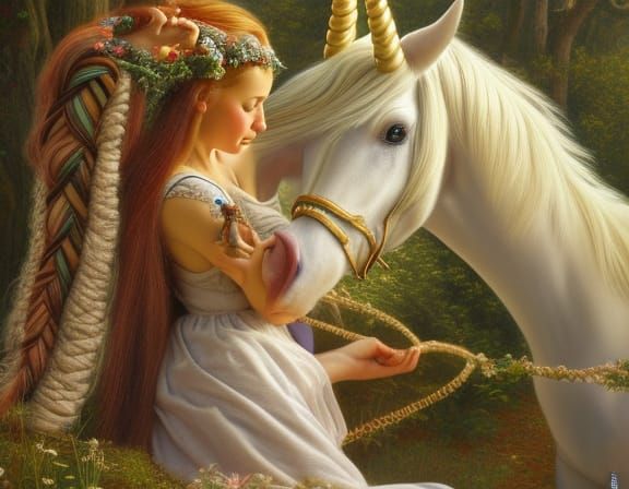 Elf and Unicorn in Fairy Tale Setting