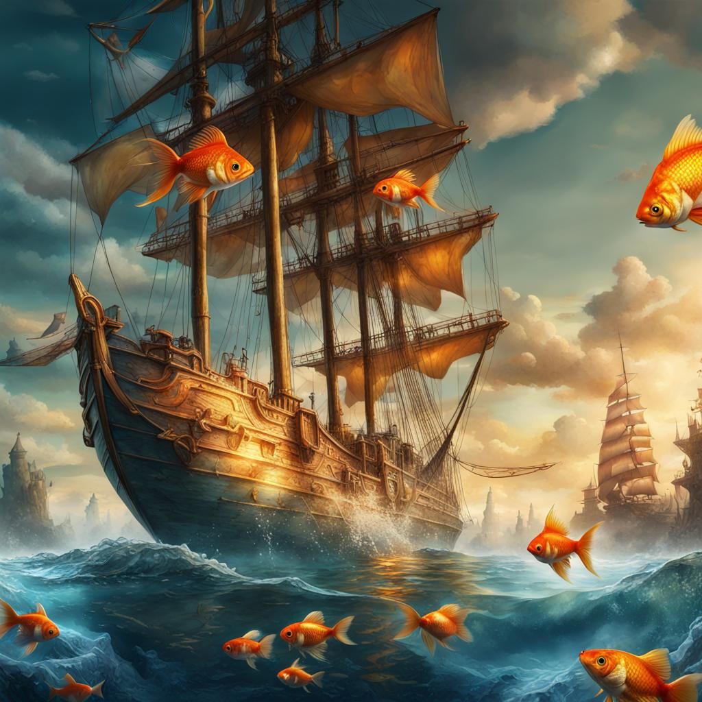 Underwater Kingdom: Goldfish and Sailboat in Watercolor