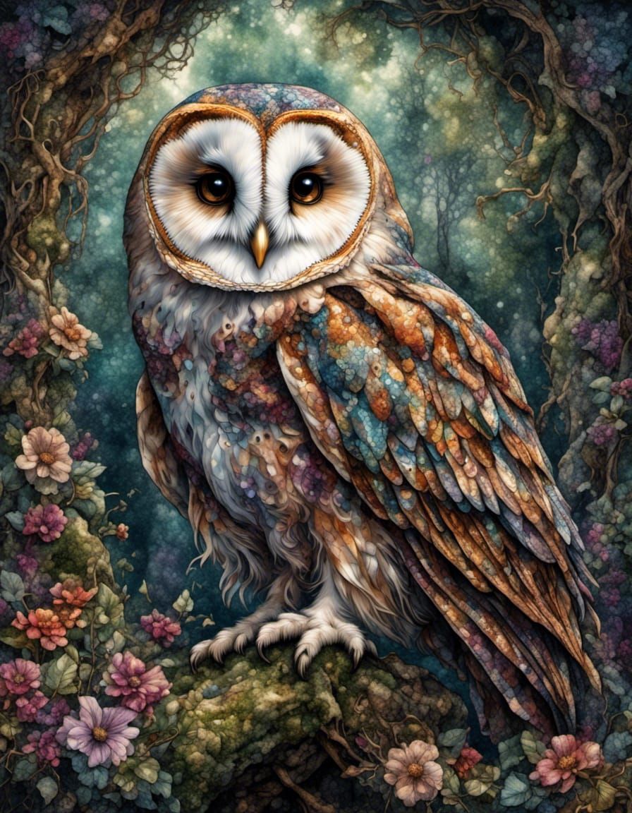 Barn Owl in Forest Tapestry Style