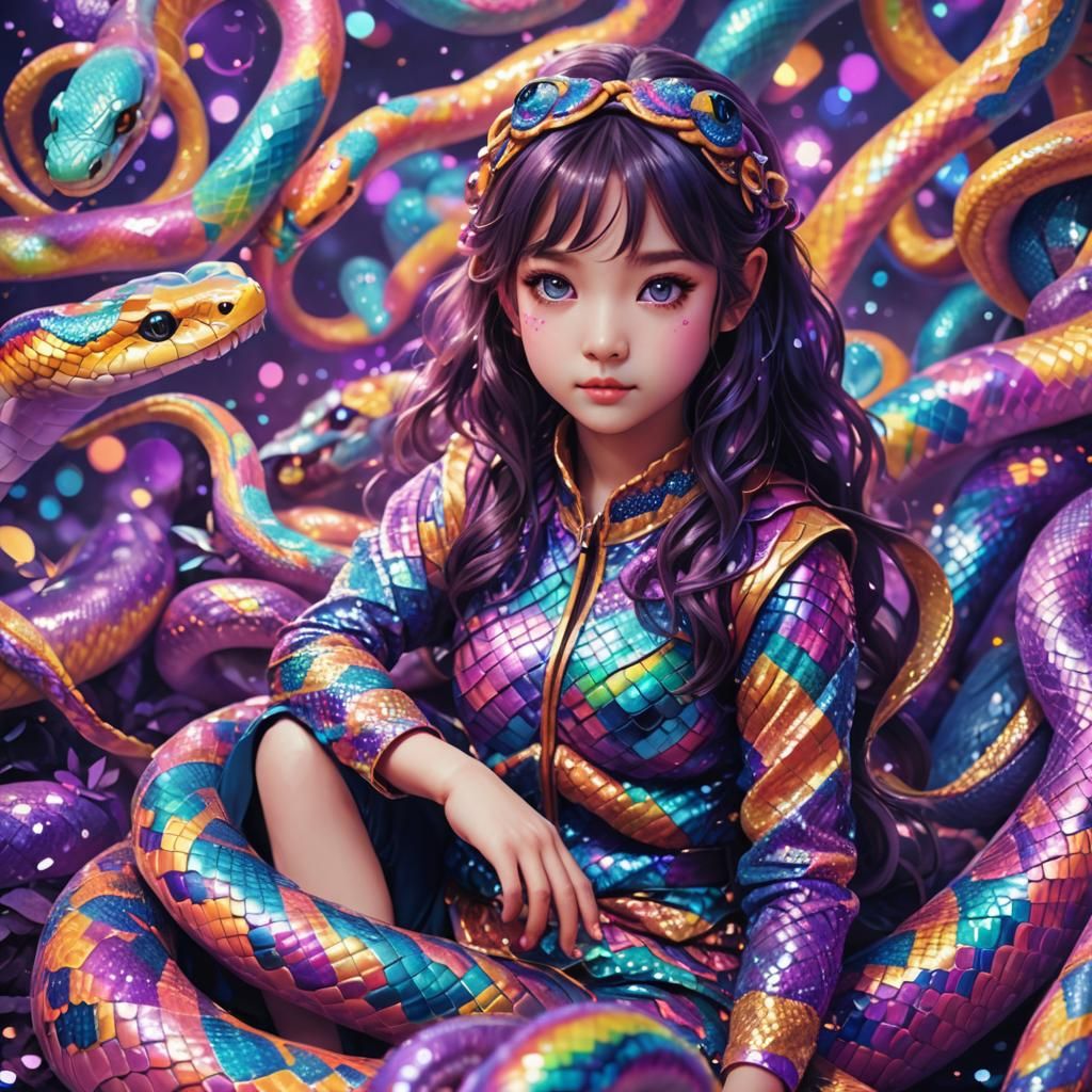 Kawaii Girl in Snake Cosplay: Anime Digital Painting