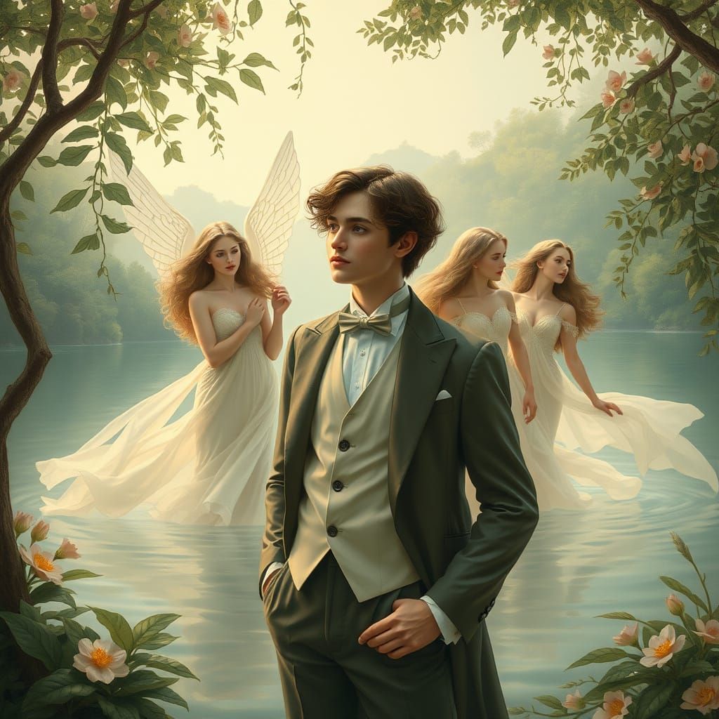 Young Man with Nymphs in Pre-Raphaelite Style