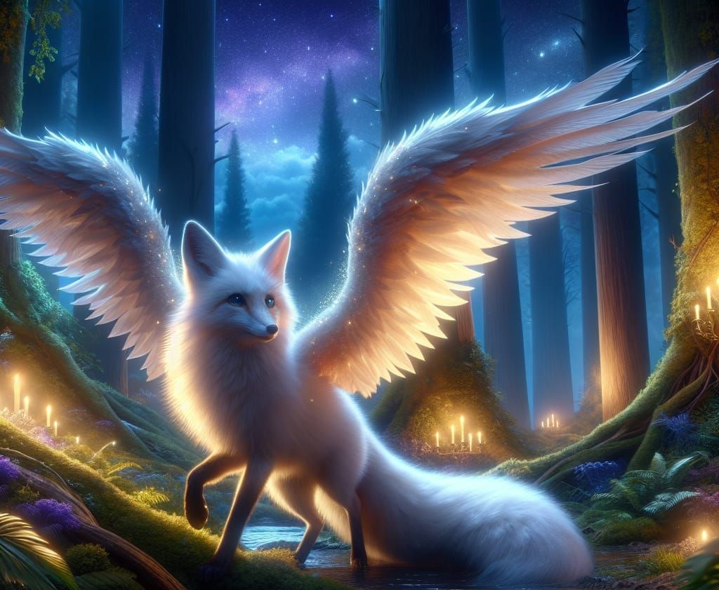 Winged Fox in Forest, Detailed Digital Painting