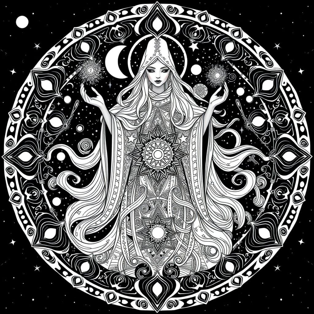 Majestic Sorceress Mandala in Intricate Black and White Line...