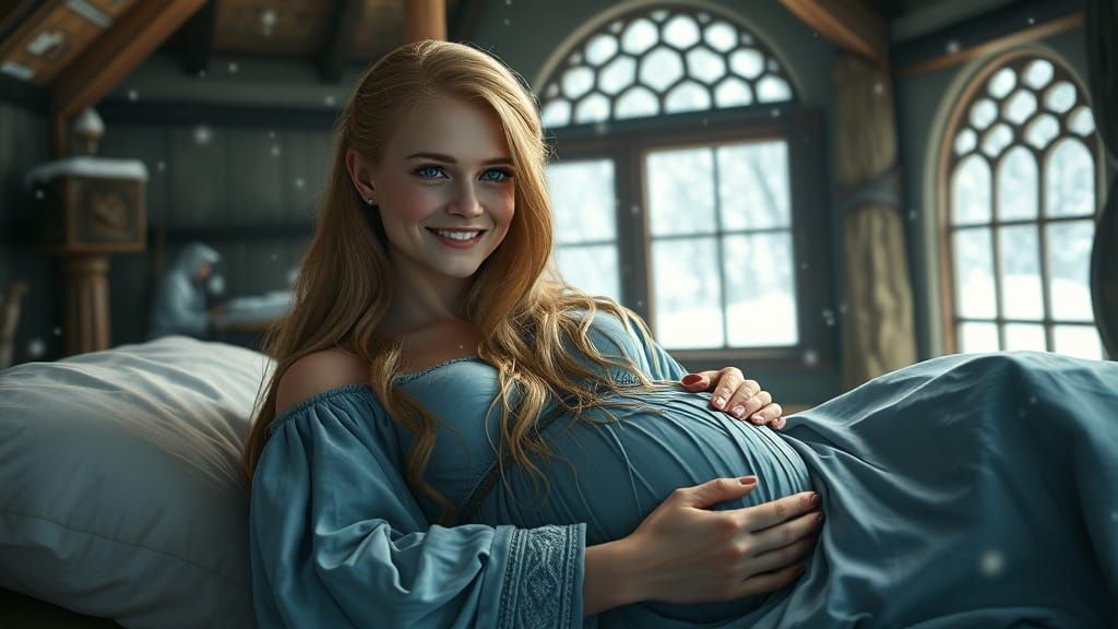 Norse Goddess Freya's Joyful Moment in a Snowy Cottage