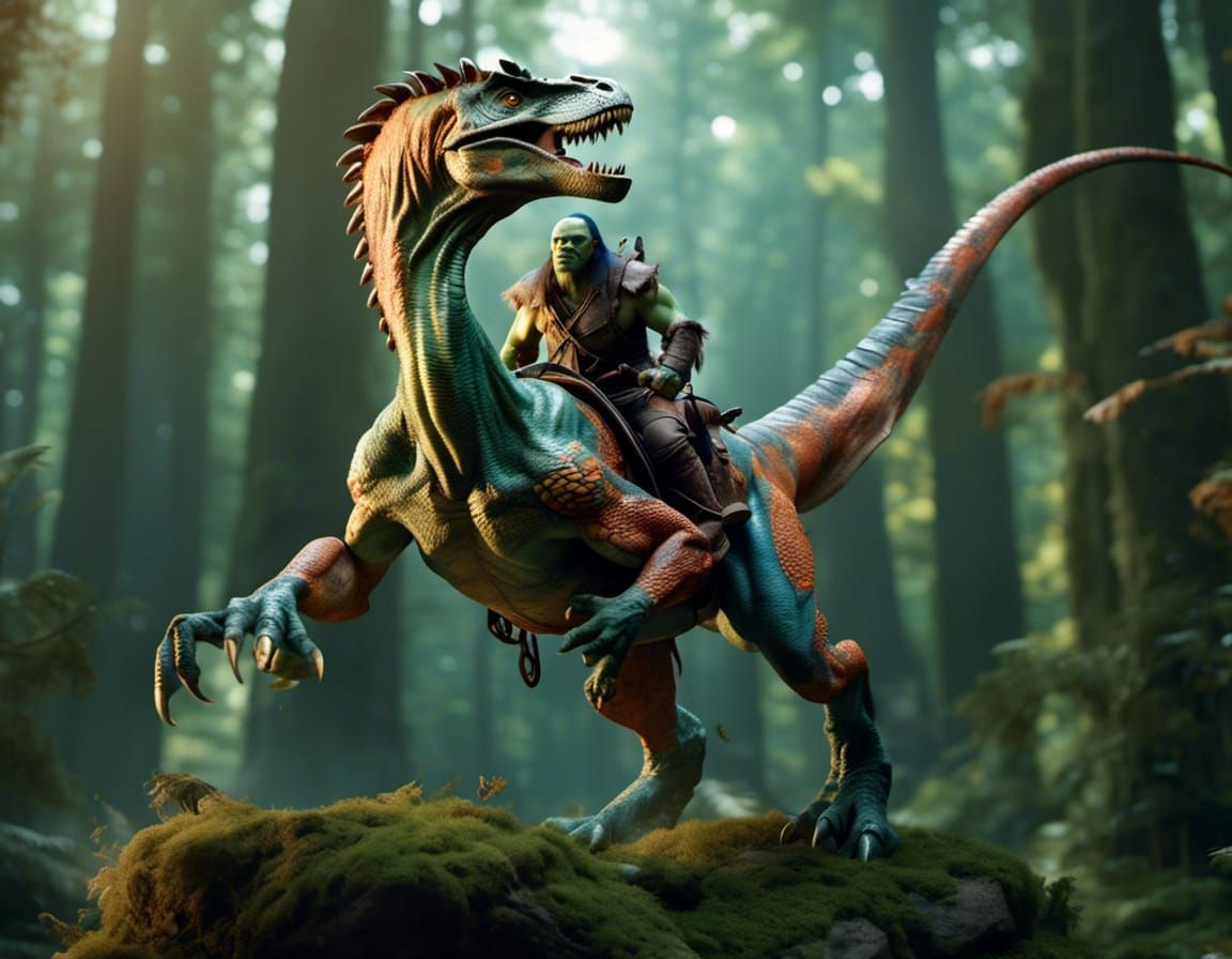 Orc Rides Dragon-like Velociraptor in Hyperrealistic Forest
