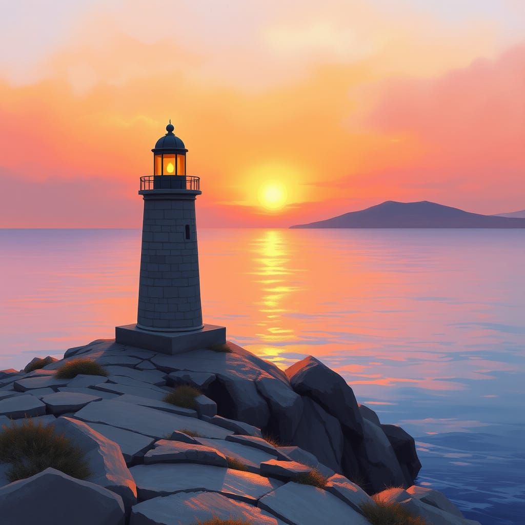 Aegean Sunset with Lighthouse in Impressionistic Style