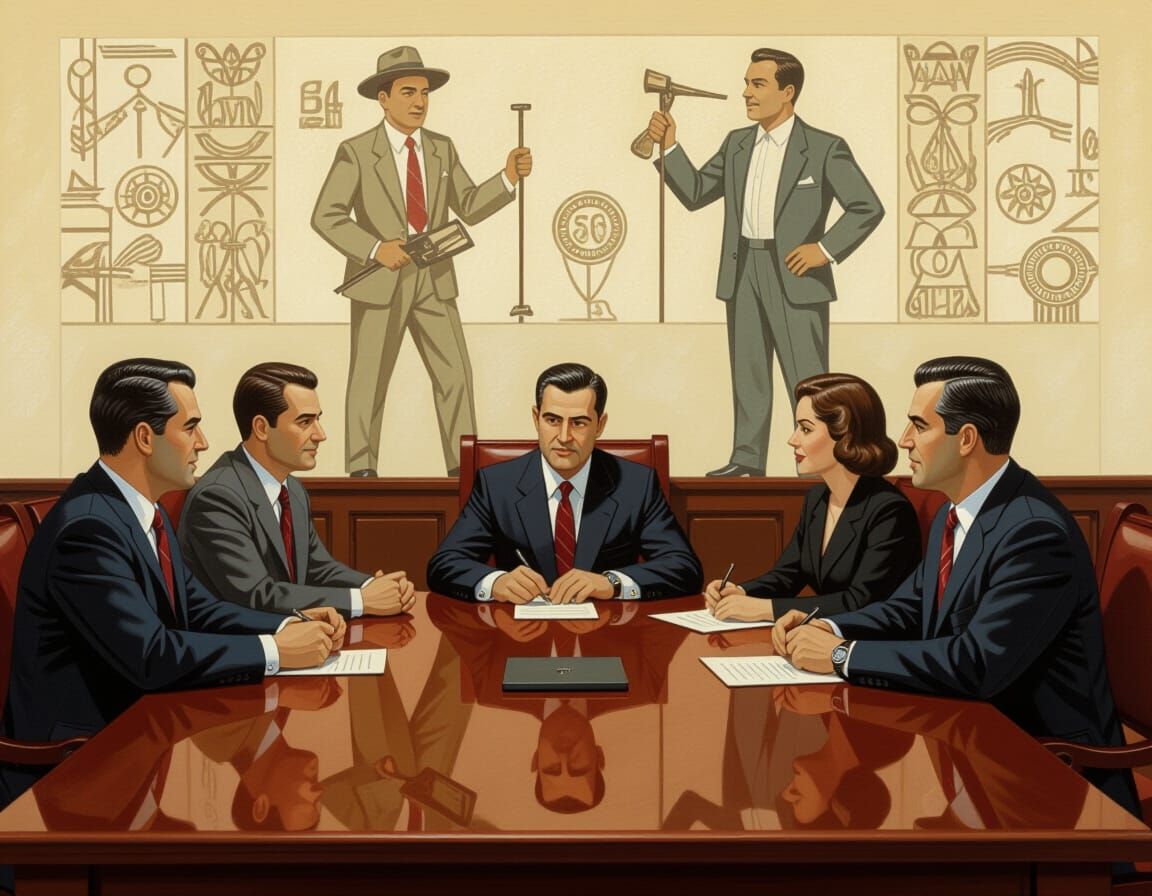 Boardroom Meeting in Diego Rivera Mural Style