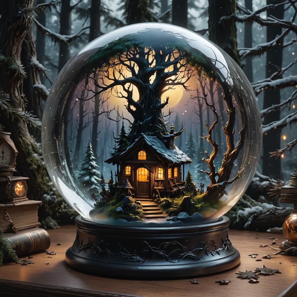 Witch's Hut Snowglobe in Hyperrealistic Splash Art