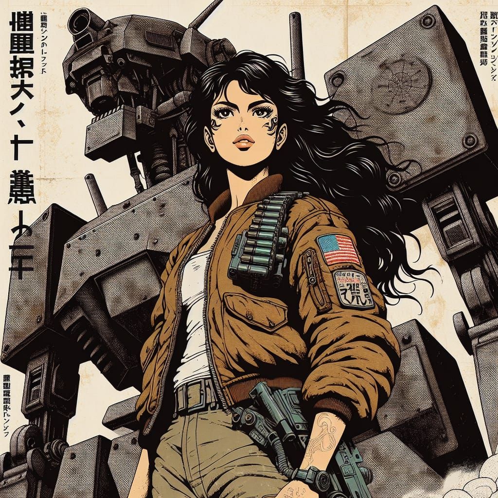 beautiful classic japanese anime movie poster of a strong female commando, brown bomber jacket, tattoos, dark black flow...
