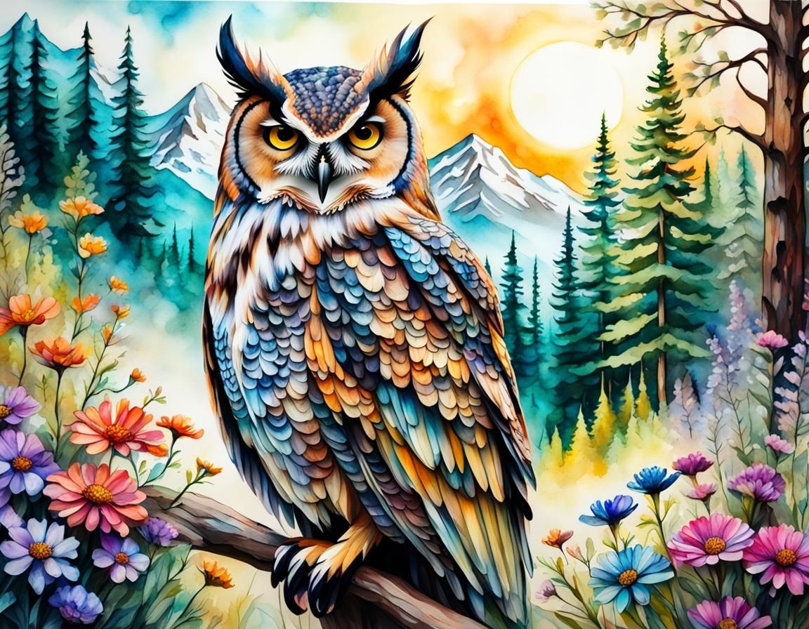 Vibrant Owl in Mountain Forest, Alcohol Ink Style